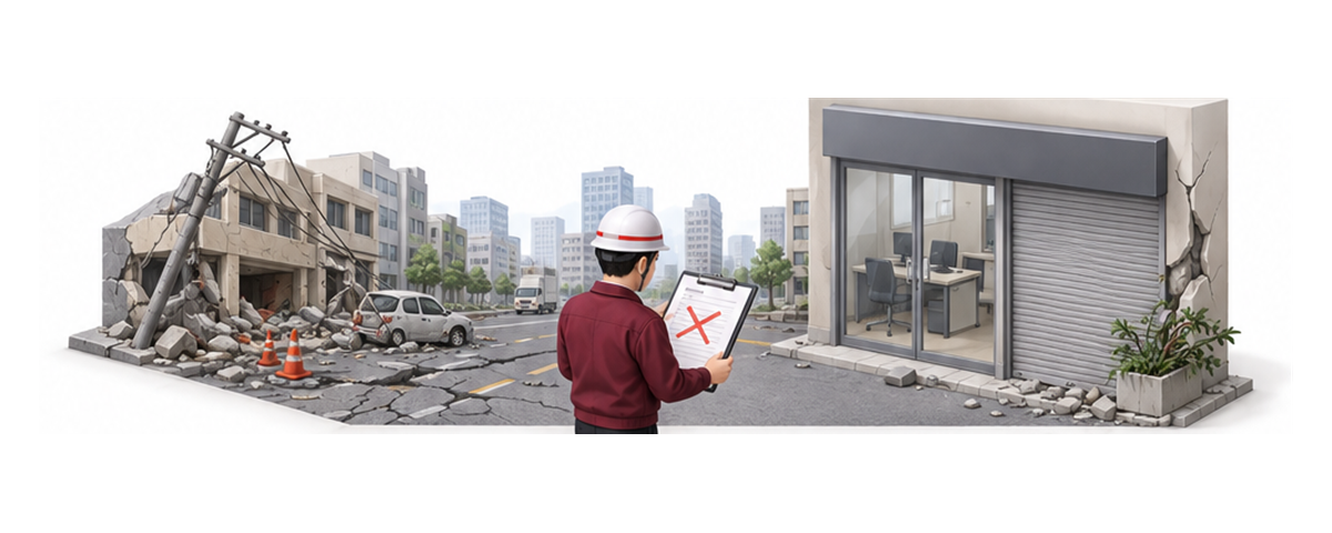 被災した道路と訪問中止の連絡を受ける施設担当者の横長アイソメ図
