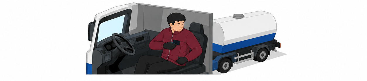 タンク車の運転席で免状を探すように上着のポケットを確認している運転者のイメージ