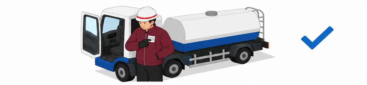 タンク車の前で免状を胸ポケットにしまう作業員のイメージ