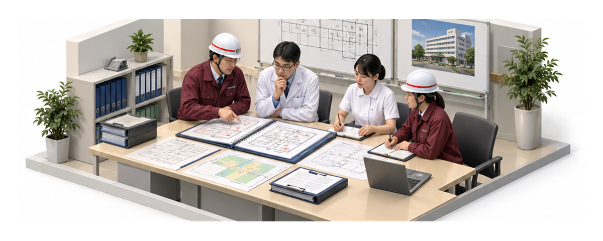 病院職員が消防計画とBCPの引継ぎ手順を見直す横長アイソメ図