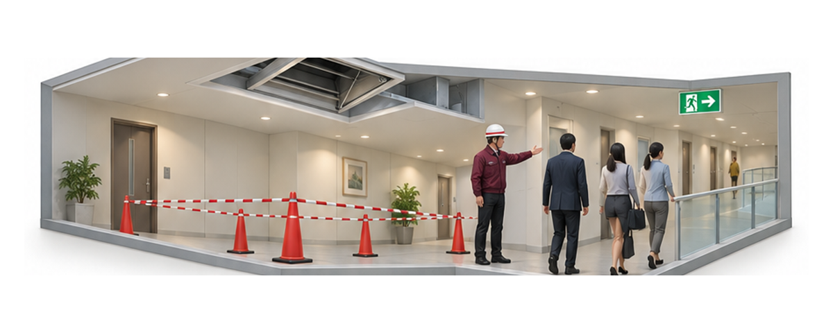排煙口の下を立入管理して安全な経路へ誘導する横長アイソメ図