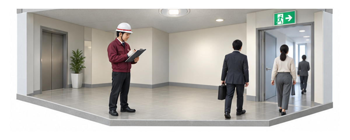 非常用照明の固定と点灯試験を終えて復旧記録を残す横長アイソメ図