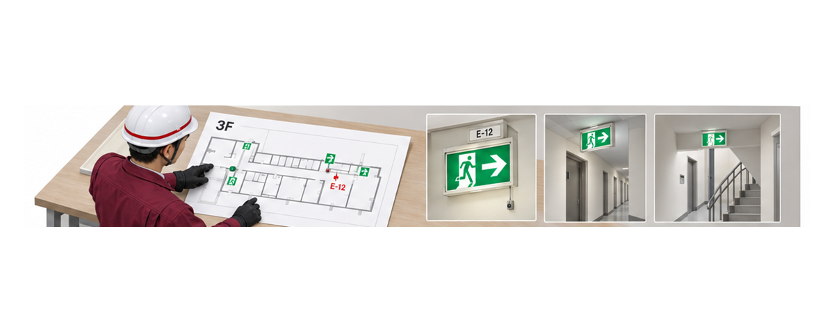 誘導灯の器具番号と周辺の避難口と経路を図面で照合する施設担当者の横長アイソメ図