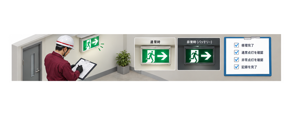 誘導灯の常用点灯と非常点灯を確認して点検記録を残す施設担当者の横長アイソメ図