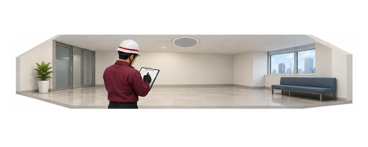 非常放送スピーカーの平常時写真と設備図と連絡先を確認する施設担当者の横長アイソメ図
