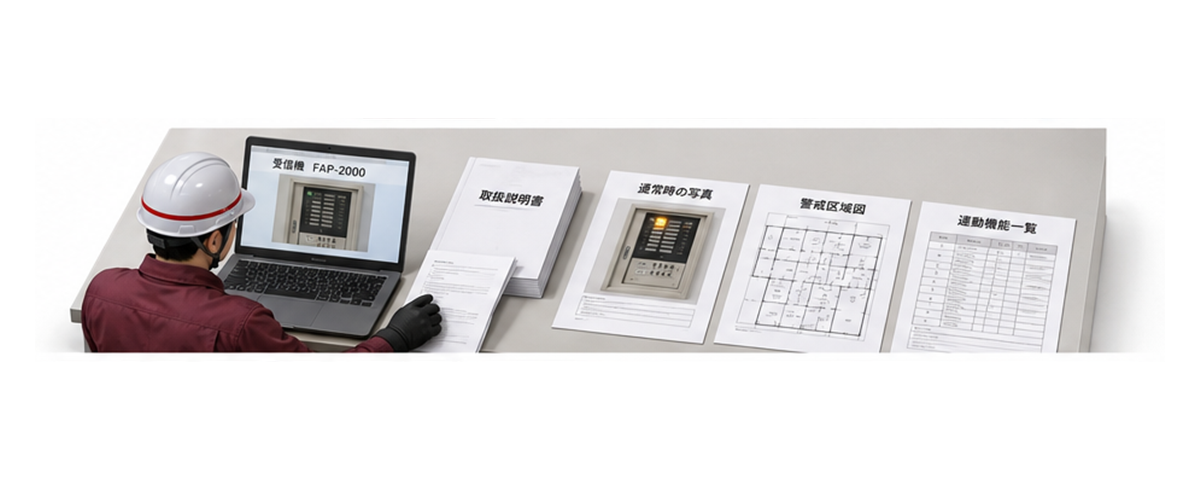 受信機のスイッチ表示と取扱説明書と警戒区域図を照合する施設担当者の横長アイソメ図