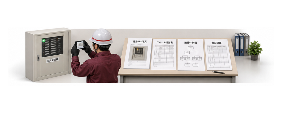 受信機の平常時写真と役割分担表と連絡網を整備する施設担当者の横長アイソメ図