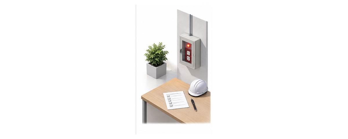 復旧した非常コンセントの表示灯と点検記録を確認する横長アイソメ図