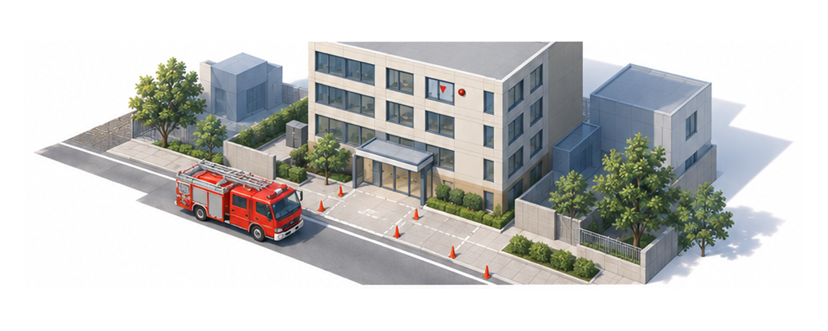 非常用進入口と消防車の寄付き空地を確認する横長アイソメ図