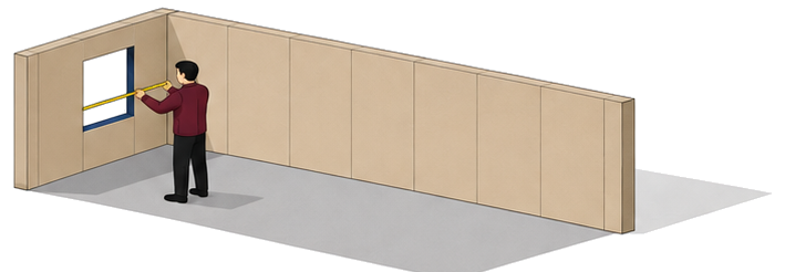 巻き尺で小さな窓を測る作業員と奥に広がる部屋の床面積