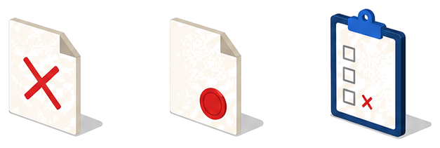 バツ印の押された書類と公印付きの命令書、不合格の印が付いたチェックリストを並べたイメージ