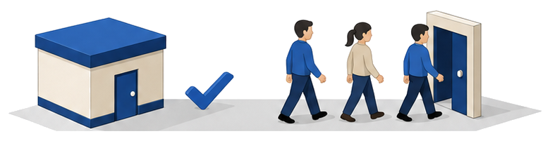建物と避難誘導される人たちに訓練の必要性を示すイラスト