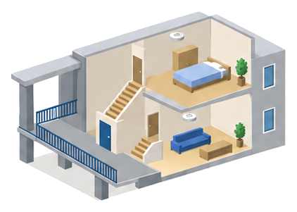 メゾネット住戸の下の階と上の階の天井にそれぞれスピーカーがあるイラスト