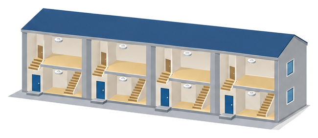 住戸の中に階段がある２階建ての長屋の各階の天井に感知器があるイラスト