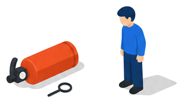 横倒しになった消火器と外れた安全ピンを見つめる人物を示すイメージ
