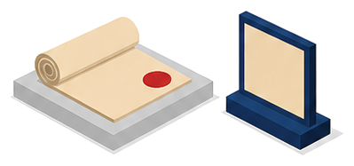 古い認定のスタンプ書類と新しい登録証を並べて防炎表示制度が認定から登録に変わったことを示したイメージ