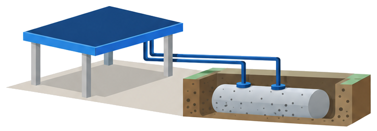 給油所の建物と地下に埋設された腐食したタンクの断面イラスト