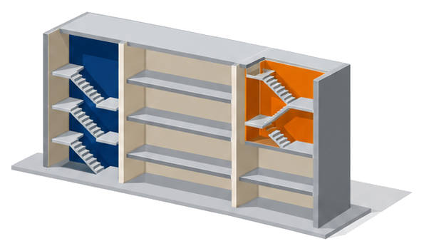 低い階用と高い階用の二つの階段室が別々に並ぶ建物の断面のイラスト