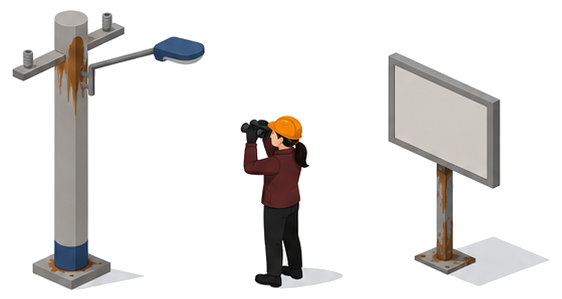 敷地の配電塔や外灯の機器本体と支持部分の劣化を点検する作業員のイラスト