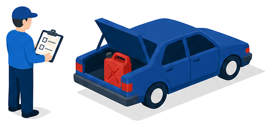 点検担当者が車のトランクの携行缶を確認しているイメージ