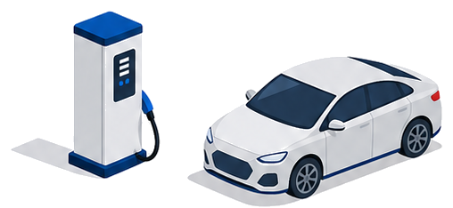 出力表示のある充電器の前に自動車が停まっているイメージ