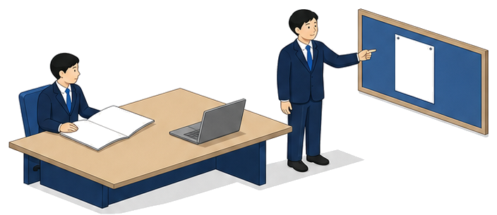 検討会で通知の内容を確認する担当者のイメージ