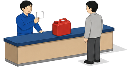 身分証を確認する店員と携行缶を持つ客のイメージ