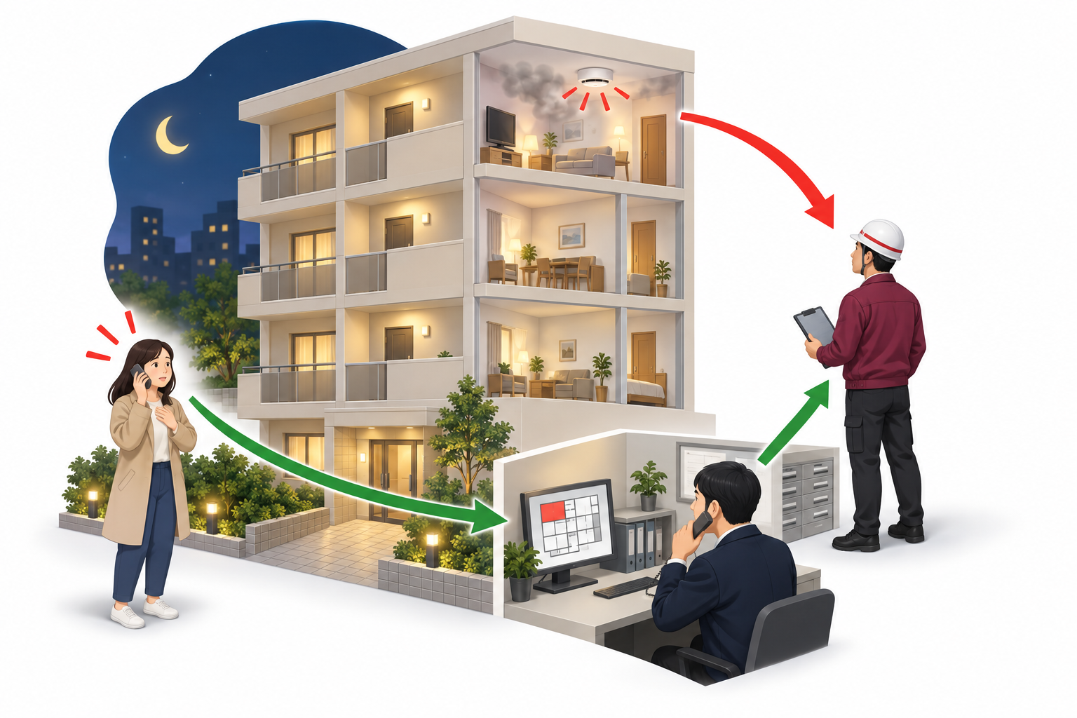 集合住宅の煙感知と安全な場所からの通報、管理者への連絡を示す一般的なアイソメ図解