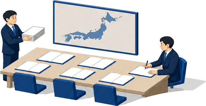 都道府県庁の会議室で運用基準の書類を確認する担当者のイラスト
