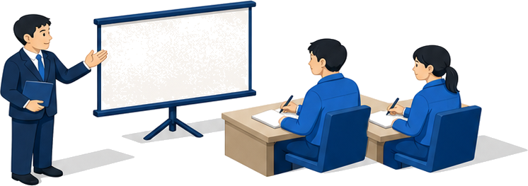 講師の説明を聞きながらメモを取る危険物取扱者2人のイラスト