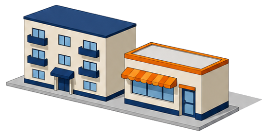 共同住宅と飲食店の建物が並ぶイラスト