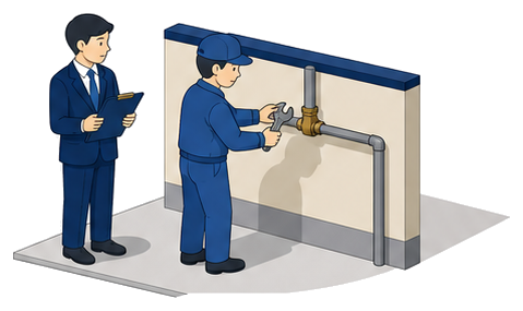 管理者と作業員がガス配管の接続部を確認するイラスト