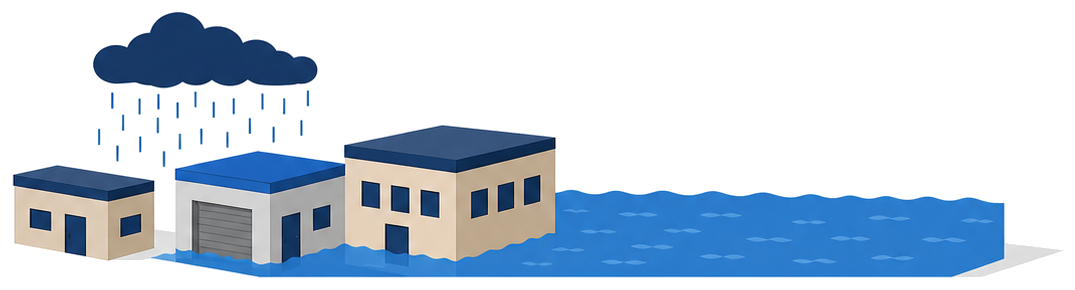 豪雨で浸水した街並みと建物のイラスト