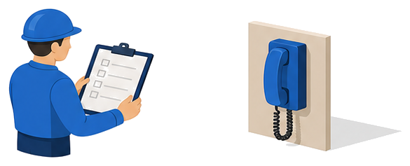 クリップボードを持ち壁掛け電話を点検する人物のイラスト