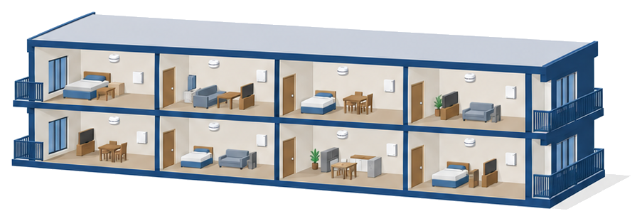二階建てのマンションの断面で各住戸の天井に丸い感知器と壁に小さな白い箱が付いているイラスト