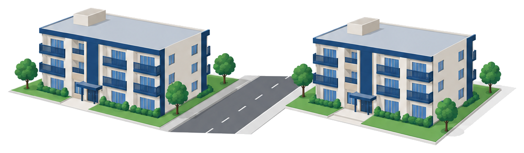 道路をはさんで二棟の中層マンションが並んで建っているイラスト