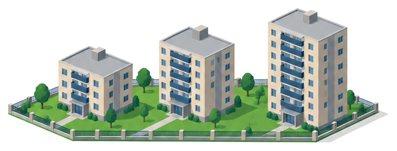 低い柵で囲まれた一つの敷地に高さの違うマンションが三棟並んで建っているイラスト