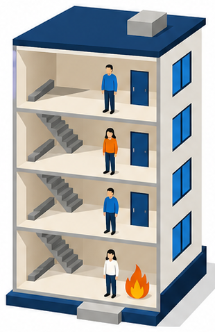 各階に人がいる建物の断面と1階の火のイラスト