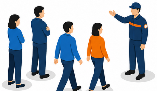 現場に集まる人々と要請する消防吏員のイラスト