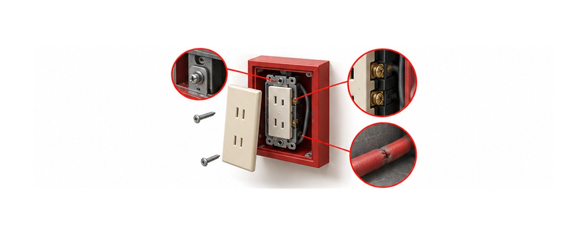 非常コンセントの固定ねじと端子と配線への影響を示す横長アイソメ図