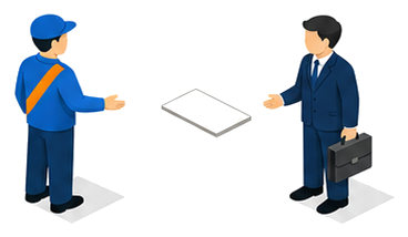 統括防災管理者とスーツ姿の管理権原者が書類を挟んで向き合う様子