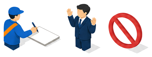 一人で書類に署名する統括防災管理者と驚く管理権原者、その横の禁止マーク
