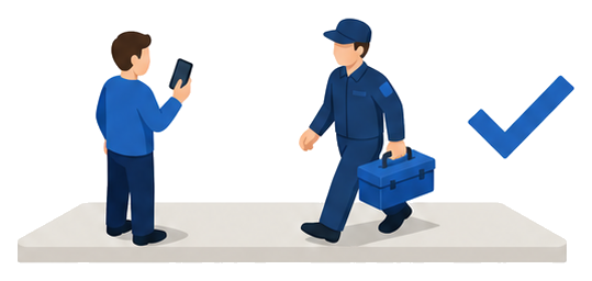 スマートフォンを持つ人と工具箱を持った点検業者