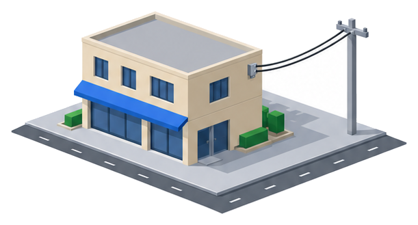 街角に建つ二階建ての店舗の外壁へ電柱から電線が引き込まれているイラスト