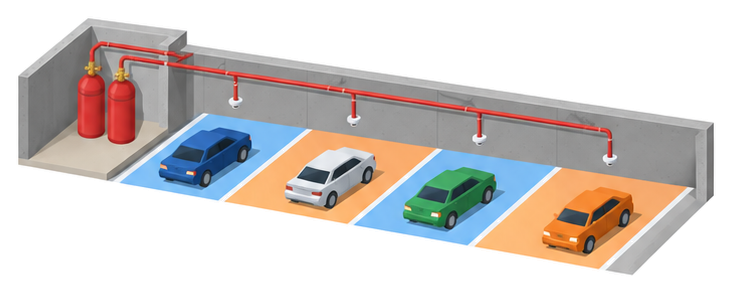 駐車場の床を青とオレンジの４つの区域に分け、別室に置いた２本の赤い貯蔵容器からそれぞれ配管が延びている様子のイラスト