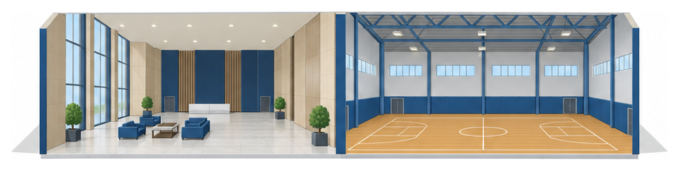 天井の高いホテルのロビーと競技用の床がある体育館を並べたイメージ