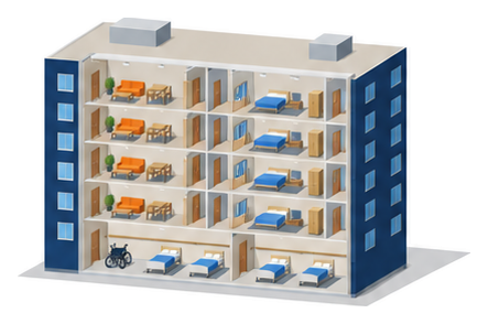 １階の住戸がベッドと車いすのある小さな福祉施設になっているマンションの断面のイラスト