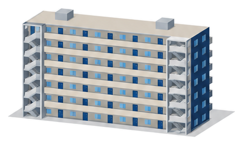各階の正面に外気に開いた廊下が続き両端に階段があるマンションのイラスト