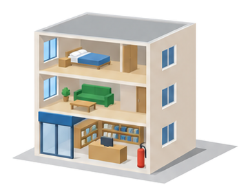 1階が店舗で2階と3階が住まいの3階建ての建物を断面で描いたイラスト