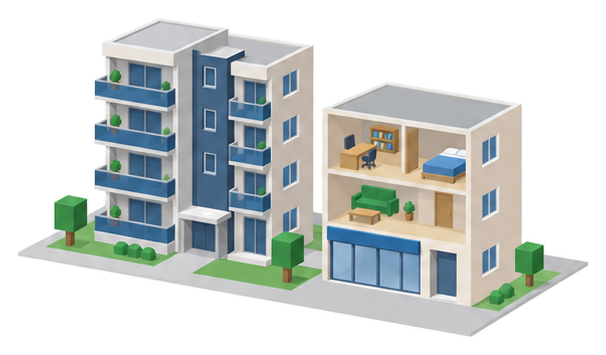 共同住宅と、上の階に事務机と住まいが同居する3階建ての建物を並べたイラスト